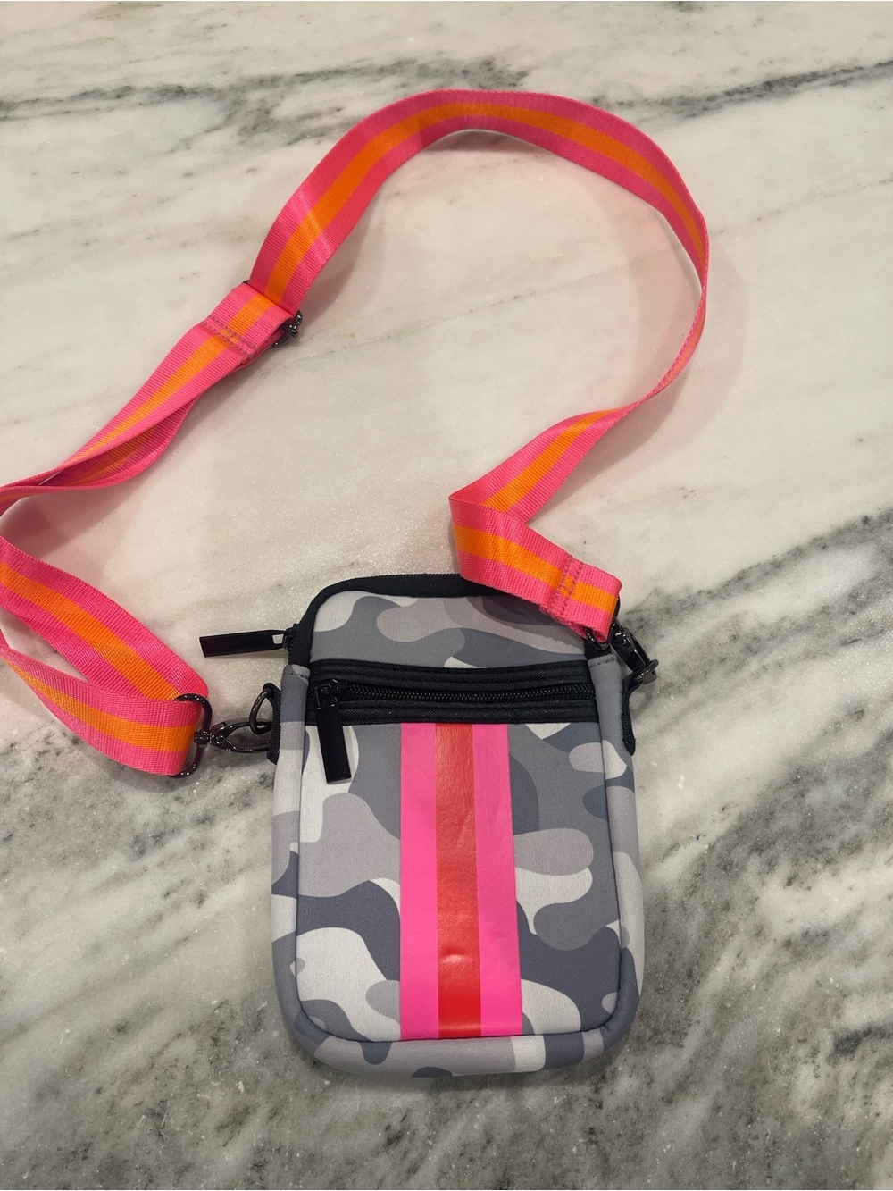 Haute Shore Gray Camo Crossbody Pouch with Pink Accent - Picture 2 of 10